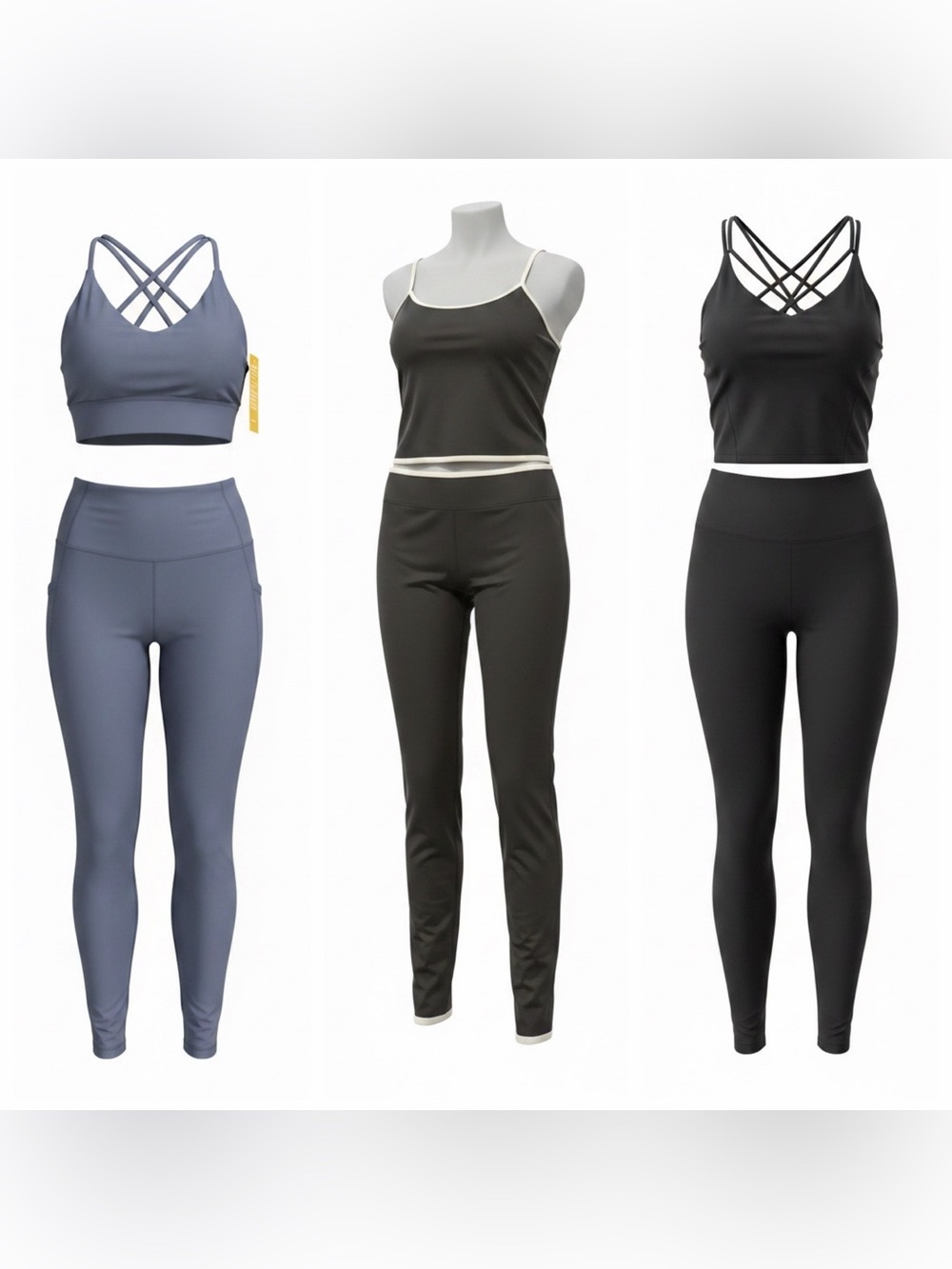 3 Workout Outfits black, black and white and gray